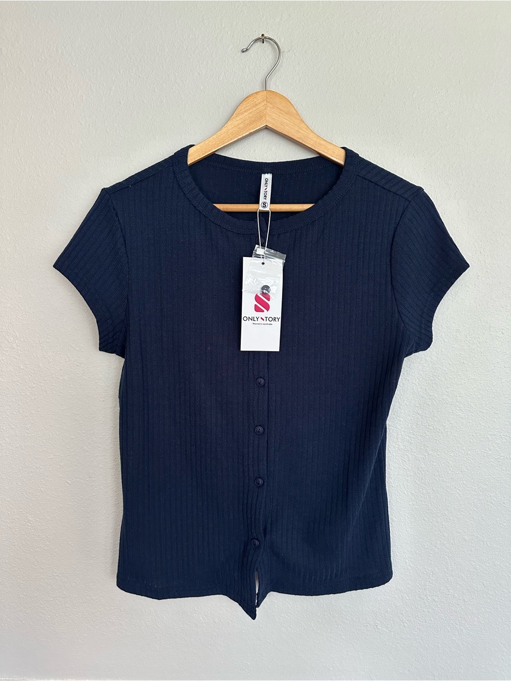 Only Tory Navy Ribbed Short-Sleeve Button-Up Top NWT
